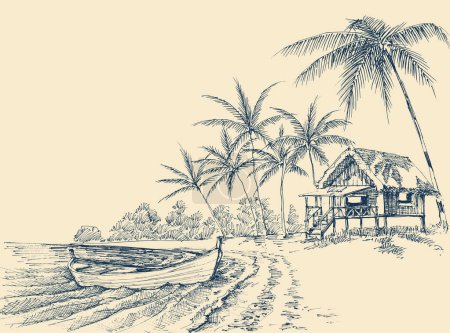 Téléchargez les illustrations : Dessin de plage, bateau en bois vide sur le rivage, une petite maison en bois et des palmiers - en licence libre de droit