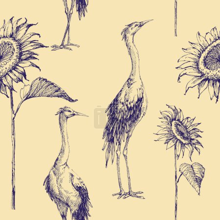 Téléchargez les photos : Grue oiseaux et tournesols dessin à la main - en image libre de droit