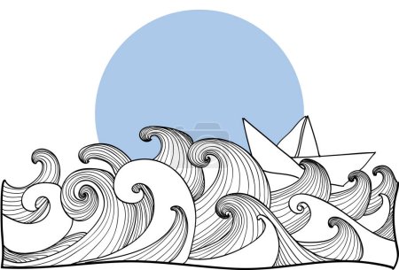 Téléchargez les photos : Bateau en papier sur les vagues de mer design noir et blanc - en image libre de droit