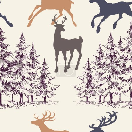 Téléchargez les photos : Forêt de pins et cerfs motif sans couture, conception de Noël - en image libre de droit