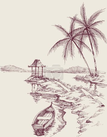 Téléchargez les illustrations : Gazebo sur le rivage de la mer vecteur dessin à la main - en licence libre de droit