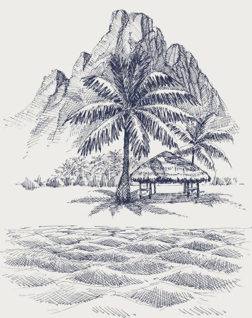Téléchargez les illustrations : Toit de chaume abri solaire sur la plage vecteur dessin à la main - en licence libre de droit