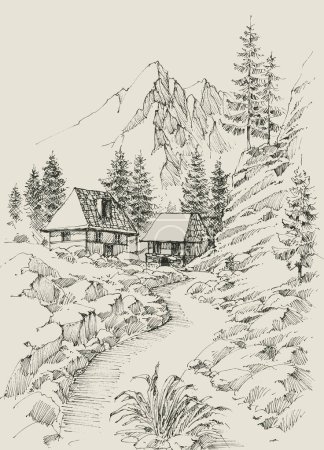 Téléchargez les photos : Paysage de montagne, un sentier pour les maisons dessin à la main - en image libre de droit