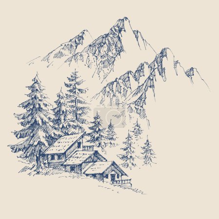 Téléchargez les photos : Cabane de montagne dessin à la main, pinèdes forêt et sommets de montagne en arrière-plan - en image libre de droit