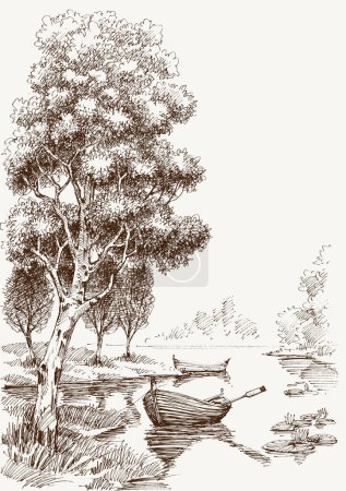 Téléchargez les photos : Bateaux sur l'eau calme, sur le lac dans la forêt dessin à la main vecteur - en image libre de droit