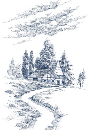 Illustration for Alpine sketch. Mountain wooden house, pine tree forest hand drawing - Royalty Free Image