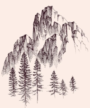 Ilustración de Cordilleras de dibujo a mano, fondo de vegetación alpina - Imagen libre de derechos