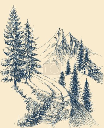 Téléchargez les photos : Sentier de randonnée en montagne, forêt de pins, paysage alpin vecteur dessin à la main - en image libre de droit
