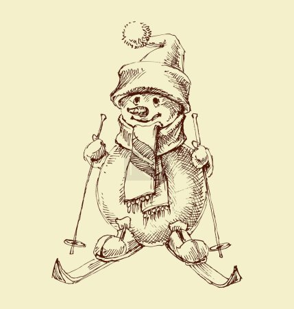 Téléchargez les illustrations : Dessin animé bonhomme de neige ski isolé dessin à la main - en licence libre de droit