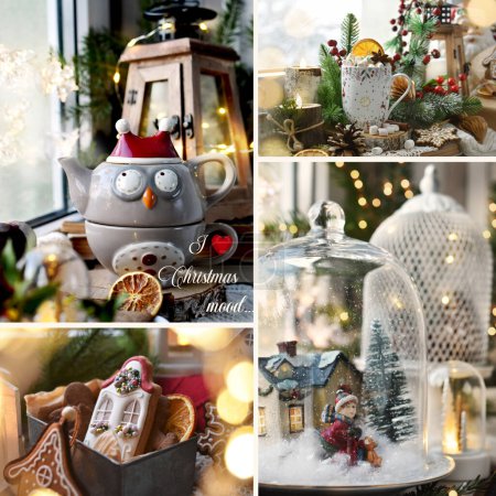 Foto de Collage de Navidad con 4 imágenes de arreglos festivos en el alféizar de la ventana con luces malhumoradas - Imagen libre de derechos