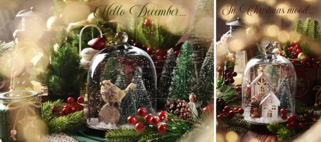 Téléchargez les photos : Bannière de décembre avec cloches et décors en verre de style vintage à l'intérieur avec effet neige tombante dans l'ambiance de Noël - en image libre de droit