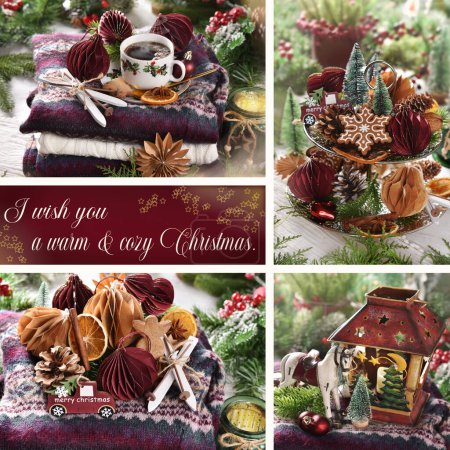 Photo for Colorful collage with 4 pictures in vintage style with handmade decors and wishes of warm and cozy Christmas - Royalty Free Image