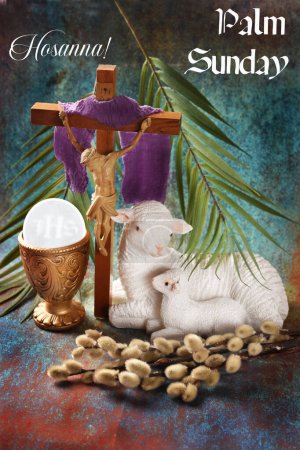 Palm Sunday background with Jesus on the cross, golden chalice with Eucharist symbol, lamb figurines and inscriptions