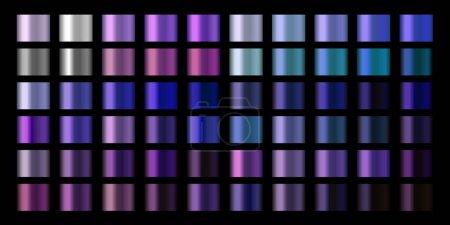 Verlaufsvektorsatz. Vector Neon Chrom Metall Textur Oberfläche Hintergrund Swatch Vorlage. Farbkombination aus Metallic und Chrom. Lila, Flieder, violette Neonchromtöne. Leuchtende, lebendige Farben