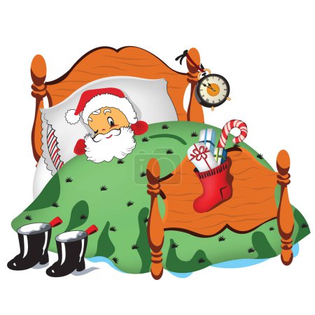 Foto de Dibujos animados vintage ilustración de un Papá Noel en la cama, con un ojo abierto, esperando un nuevo año por venir. - Imagen libre de derechos