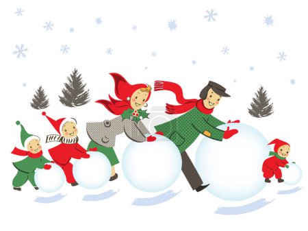 Foto de Ilustración de la familia feliz rodando bolas de nieve para hacer un muñeco de nieve, mientras nieva en un día de invierno. Tarjeta de felicitación vintage divertida. - Imagen libre de derechos