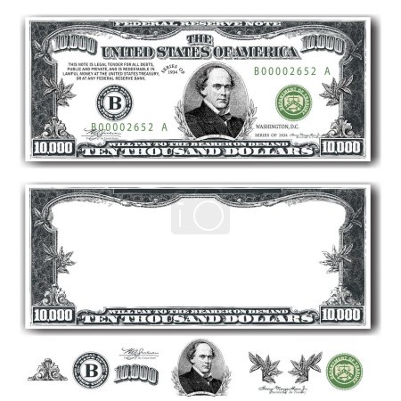 Ten Thousand Dollar Bill with design segments, vector illustration.