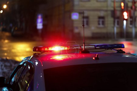 Photo for Police car lights at night city street, closeup - Royalty Free Image
