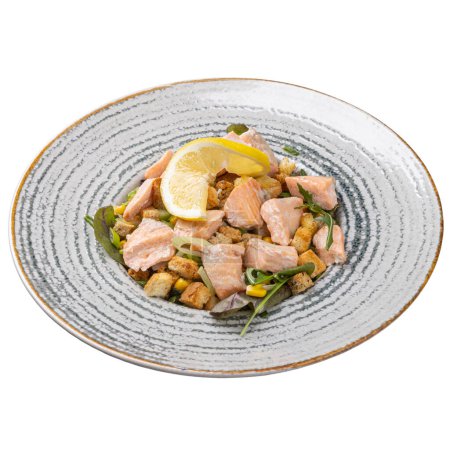 Restaurant salad menu concept, Salmon salad with green lettuce, sweet corns and croutons