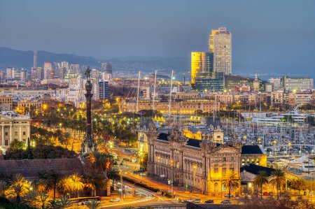 Photo for The skyline of Barcelona with the Columbus Statue at dusk - Royalty Free Image