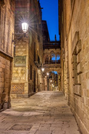 Foto de The historic Barrio Gotico in Barcelona at night with the Pont del Bispe - Imagen libre de derechos