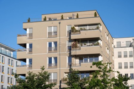 Modern beige apartment building seen in Berlin, Germany