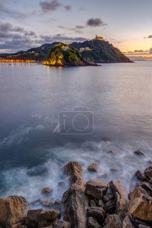 The bay of San Sebastian in Spain with the Monte Igueldo after sunset