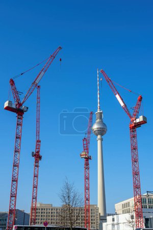 The famous Television Tower of Berlin with four red tower cranes