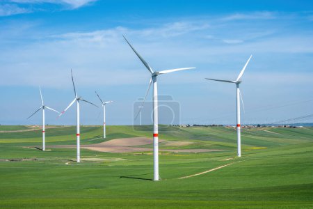 Turbinas eólicas y prados verdes vistos en Italia