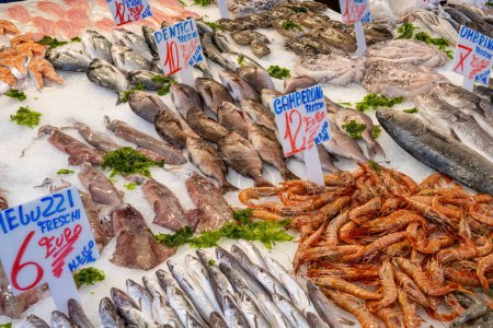 Fresh fish and seafood for sale at a market in Naples, Italy