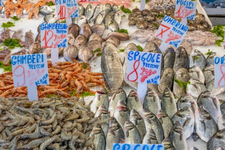 frischer Fisch und Meeresfrüchte zum Verkauf auf einem Markt in Neapel, Italien