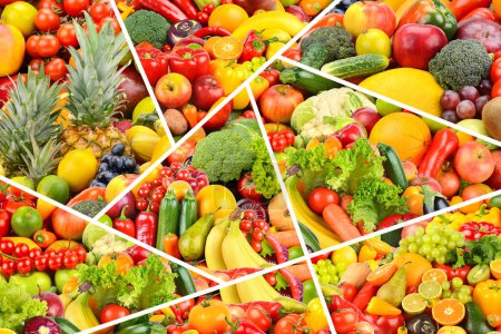 Foto de Hermoso patrón saludable de frutas multicolores, verduras y bayas separadas por líneas blancas. - Imagen libre de derechos