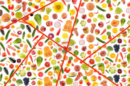 Foto de Hermoso patrón saludable de frutas multicolores, verduras y bayas separadas por líneas rojas. - Imagen libre de derechos