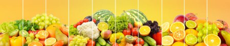 Photo for Delicious fresh vegetables, fruits, vegetables on blurred orange background. - Royalty Free Image