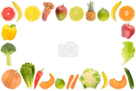 Foto de Frame of fresh and healthy vegetables and cut fruits isolated on white background. - Imagen libre de derechos
