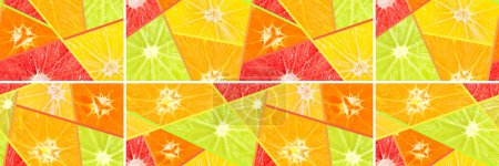 Téléchargez les photos : Wide seamless pattern fresh ripe sliced oranges, lemons, tangerines and grapefruits. Fruit background. - en image libre de droit