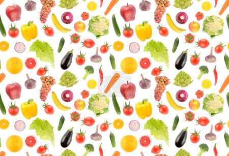 Téléchargez les photos : Large seamless pattern of fresh fruits and vegetables isolated on white background. - en image libre de droit