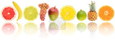 Téléchargez les photos : Fresh tropical fruits in a row with light reflection isolated on white background. - en image libre de droit