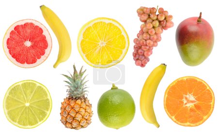 Photo for Fresh tropical fruits whole and cut in half isolated on white background. - Royalty Free Image