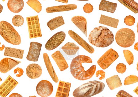 Foto de Patrón inconsútil de productos de pan aislados sobre fondo blanco. - Imagen libre de derechos