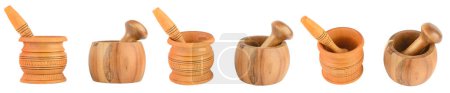 Photo for Set wooden mortar and pestle from different angles isolated on white background. - Royalty Free Image
