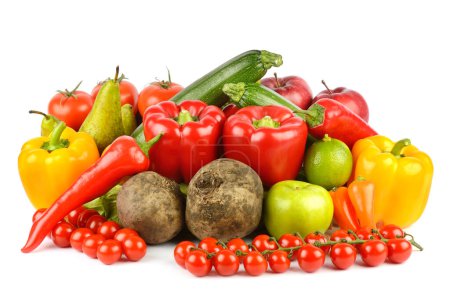 Foto de Frutas y verduras frescas útiles aisladas sobre fondo blanco - Imagen libre de derechos