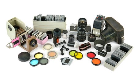 Photo for Retro camera and slide projector with accessories isolated on white background.Top view - Royalty Free Image