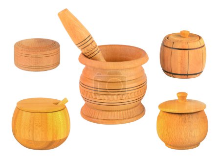 Photo for Wooden pestle, mortar and spice boxes isolated on white background. - Royalty Free Image