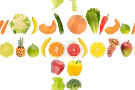 Foto de Patrón sin costuras de verduras y frutas jugosas frescas útiles para la salud aisladas sobre fondo blanco. - Imagen libre de derechos