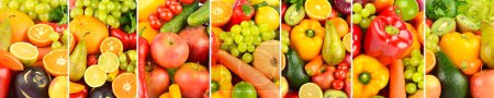 Foto de Amplio fondo de verduras frescas, frutas, bayas separadas por líneas verticales. - Imagen libre de derechos