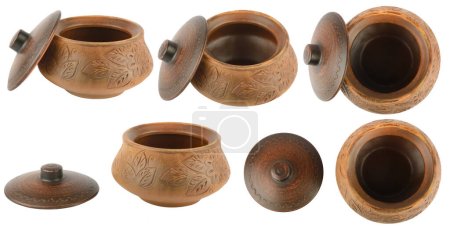 Photo for Collection beautiful ceramic pots with lid from different angles isolated on white background. - Royalty Free Image