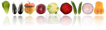 Foto de Frutas y verduras frescas y brillantes en fila con reflexión ligera aislada sobre fondo blanco. - Imagen libre de derechos