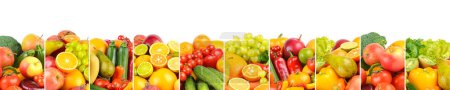 Foto de Fondo natural de verduras y frutas separadas por líneas verticales. Aislado sobre blanco. - Imagen libre de derechos
