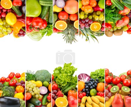 Foto de Enmarcar verduras y frutas saludables aisladas sobre fondo blanco. - Imagen libre de derechos